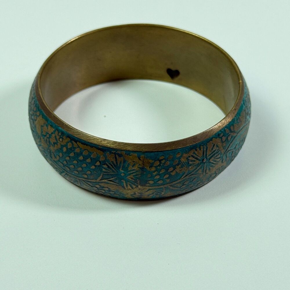 VTG Brass Bangle Bracelet Wide Floral Etched Enamel Turquoise Patina Boho